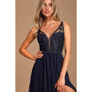 Lulus Melvina Navy Blue Lace Chiffon Maxi Dress - Size L